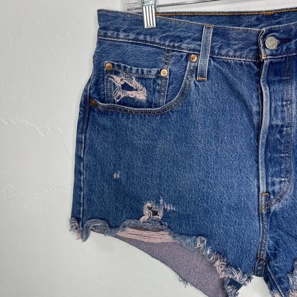 Levi's 501 Premium High Rise cut out shorts Size 32 Distressed Button Fly - Picture 6 of 12